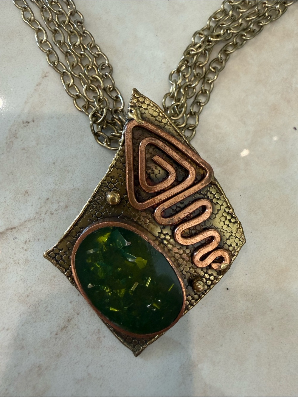 Handcrafted Green Stone and Mixed Metal Pendant Necklace